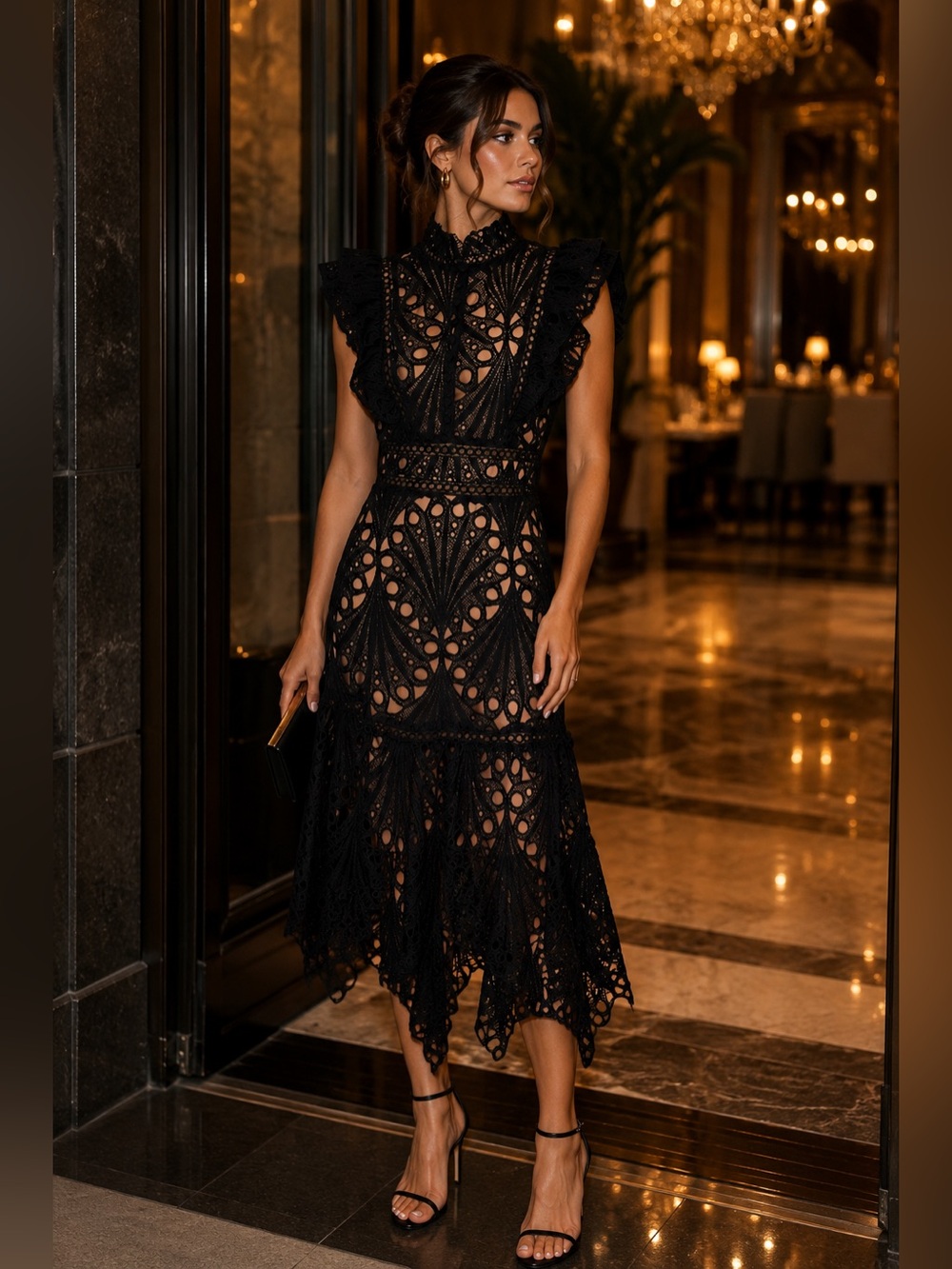 NWT Dalia MacPhee Black Lace Illusion Midi Dress Ruffle Sleeve Formal Size M - Picture 7 of 7